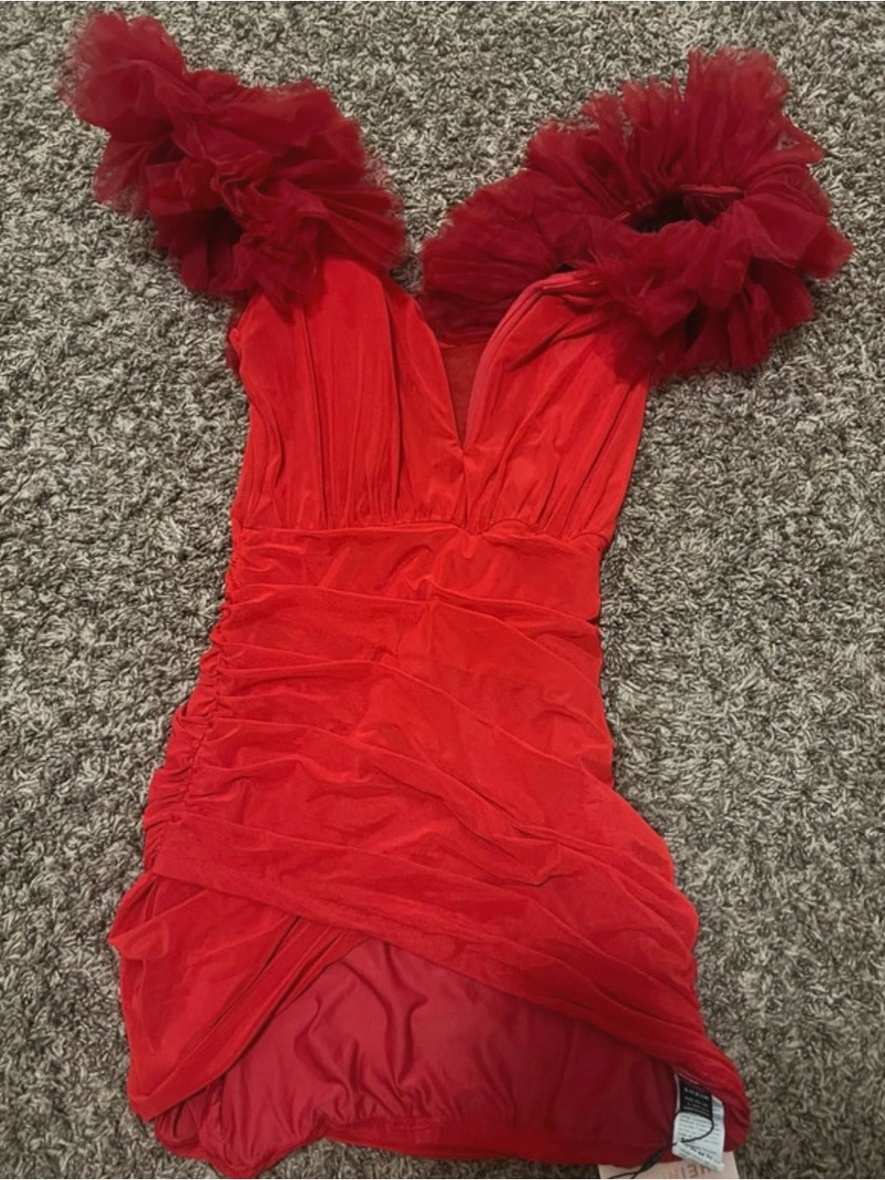 SHEIN Red Ruffled Sleeve V-Neck Mini Dress